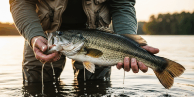 angler holding bass at water level for gentle release in a l 20260331 083318