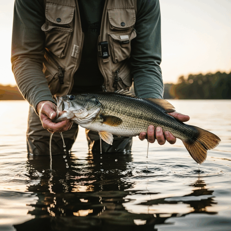 angler holding bass at water level for gentle release in a l 20260331 083318