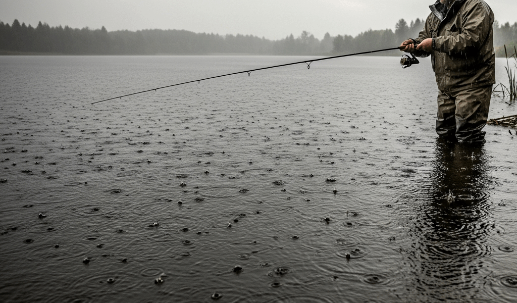 person fishing in light rain on a calm freshwater lake from 20260331 083327