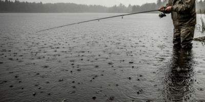 person fishing in light rain on a calm freshwater lake from 20260331 083327