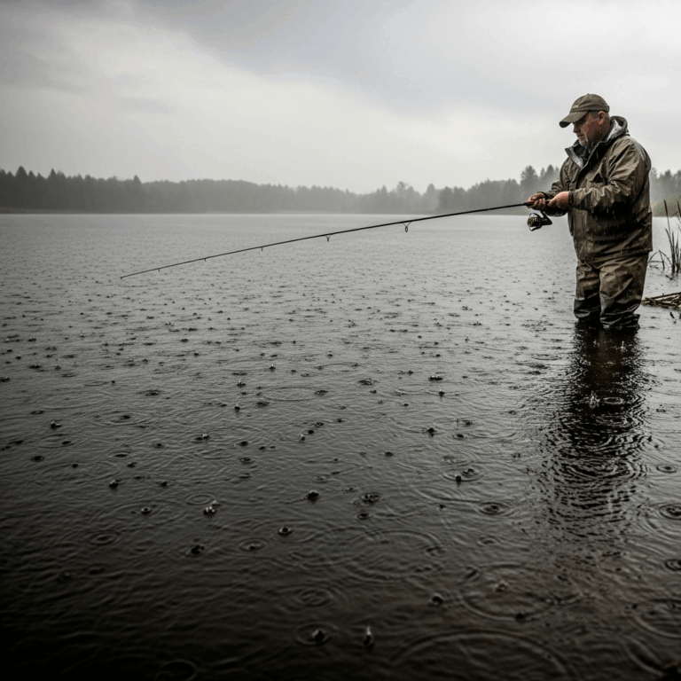 person fishing in light rain on a calm freshwater lake from 20260331 083327