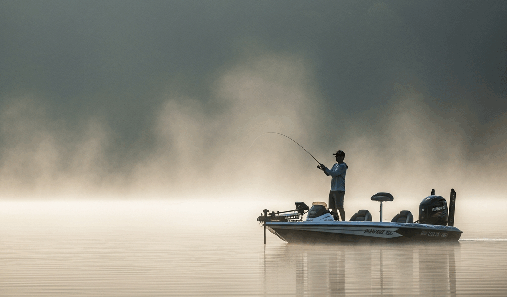 bass fishing from boat on misty spring morning lake