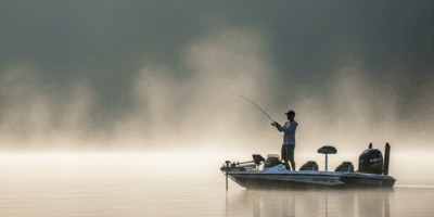 bass fishing from boat on misty spring morning lake