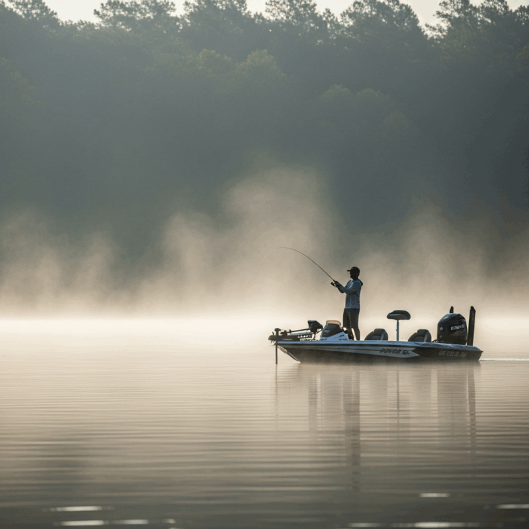 bass fishing from boat on misty spring morning lake